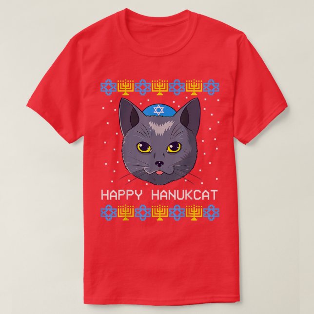 T-shirt Happy Hanukcat Ugly Hanoukka Sweater Chat Chanukah (Design devant)