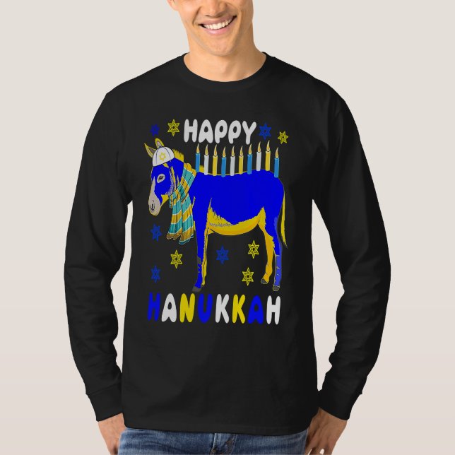T-shirt Happy Hanukkah Menorah Donkey Wearing Jewish Hat F (Devant)