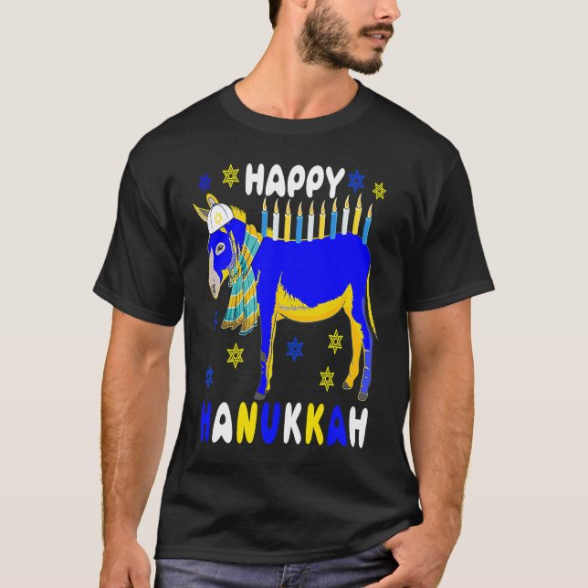 T-shirt Happy Hanukkah Menorah Donkey Wearing Jewish Hat F (Devant)