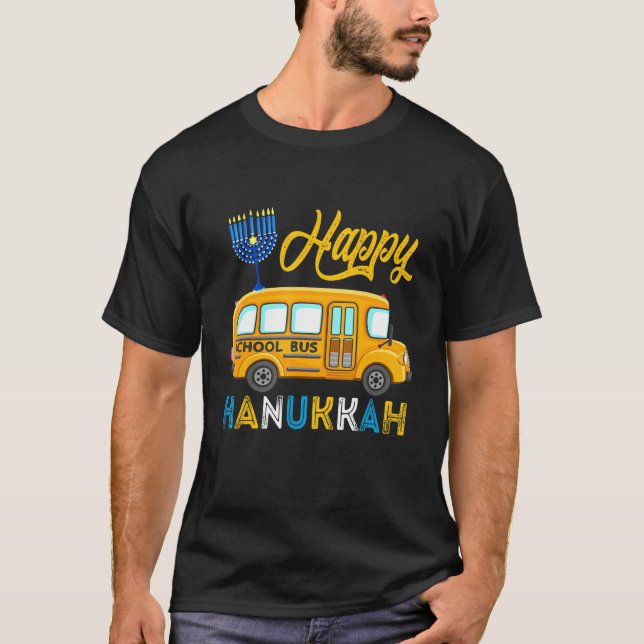 T-shirt Happy Hanukkah School Bus Carrying Jewish Menorah  (Devant)