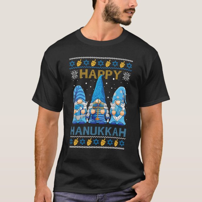 T-shirt Happy Hanukkah Ugly Christmas Gnome Gnomies Menora (Devant)