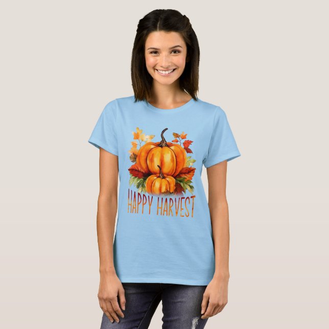 T-shirt "Happy Harvest" Aquarelle Citrouille et feuilles d (Devant entier)