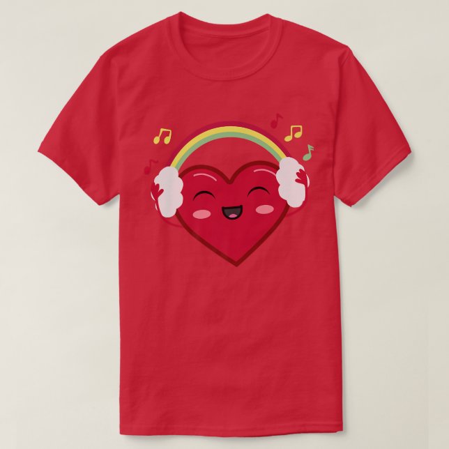 T-shirt Happy Heart With Rainbow Headphones And Music Love (Design devant)