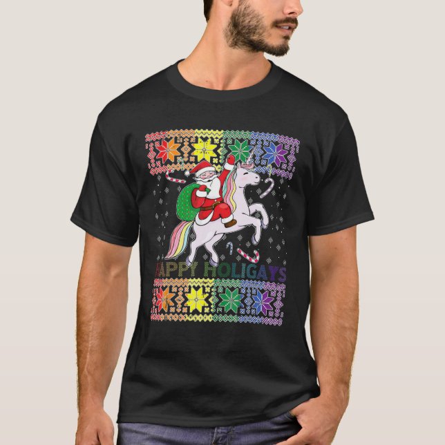 T-shirt Happy Holigays Gay Christmas Pajamas Santa Riding (Devant)