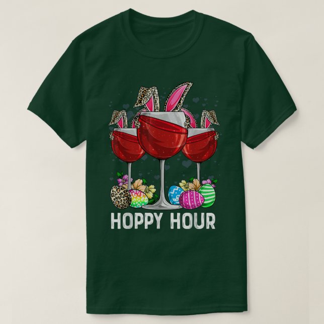 T-shirt Happy Hour Bunny Ears Wine Lover Leopard Easter Eg (Design devant)