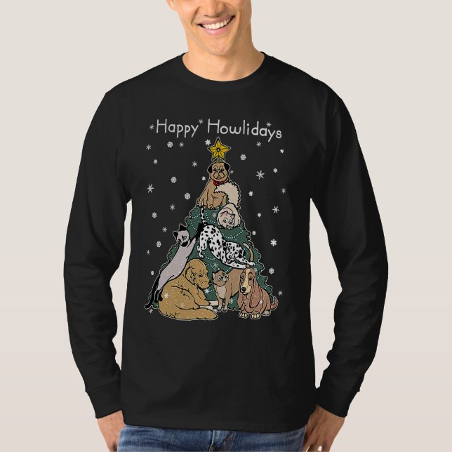 T-shirt Happy Howlidays  Funny Dog & Cat Christmas Tree (Devant)