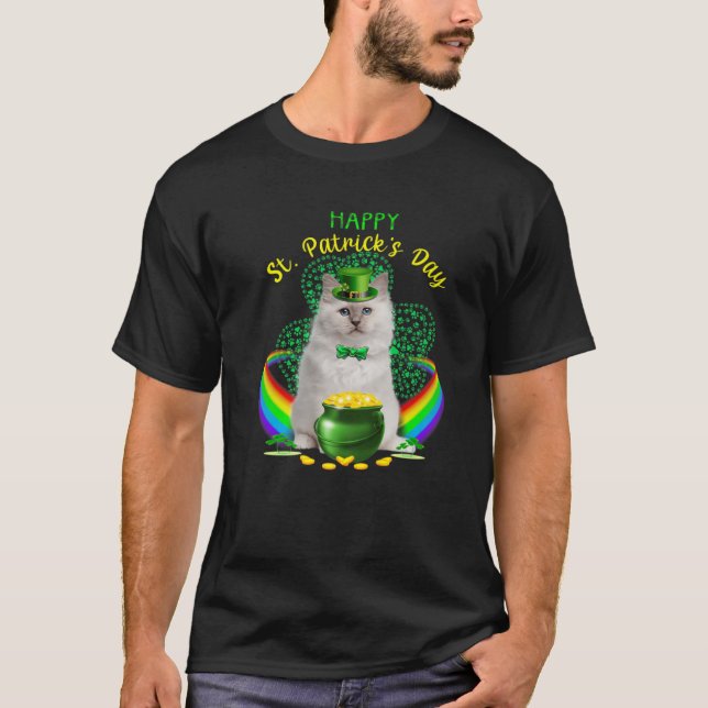 T-shirt Happy Jour de la Saint Patrick blanc chat Leprecha (Devant)