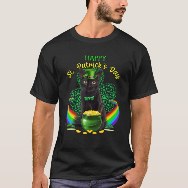T-shirt Happy Jour de la Saint Patrick Chat noir Leprechau (Devant)