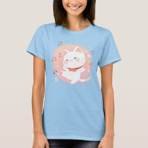 T-shirt Happy Kawaii White Cat Dancing to Music