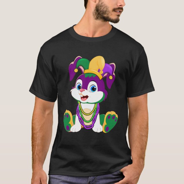 T-shirt Happy Mardi Gras Cute Bunny Wearing Beads Jester H (Devant)