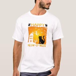 T-shirt Happy Meow-O-Ween - Chats noirs, Maison hantée