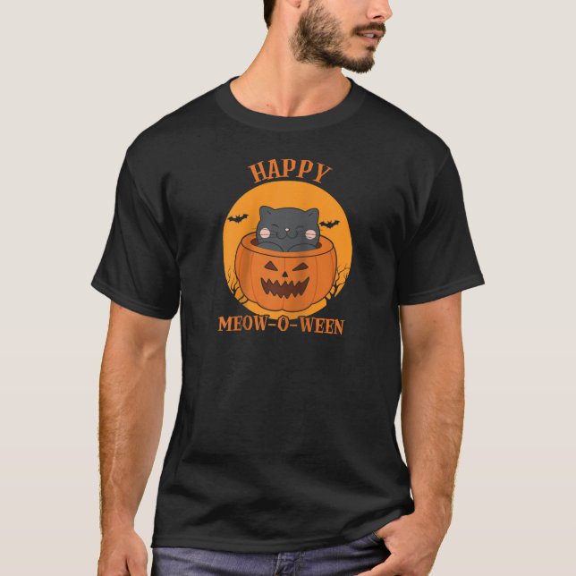T-shirt Happy Meow O Ween Cute Cat dans un Halloween citro (Devant)