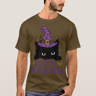 T-shirt Happy Meoween Black Cat Witch Hat Peeking Cat Hall