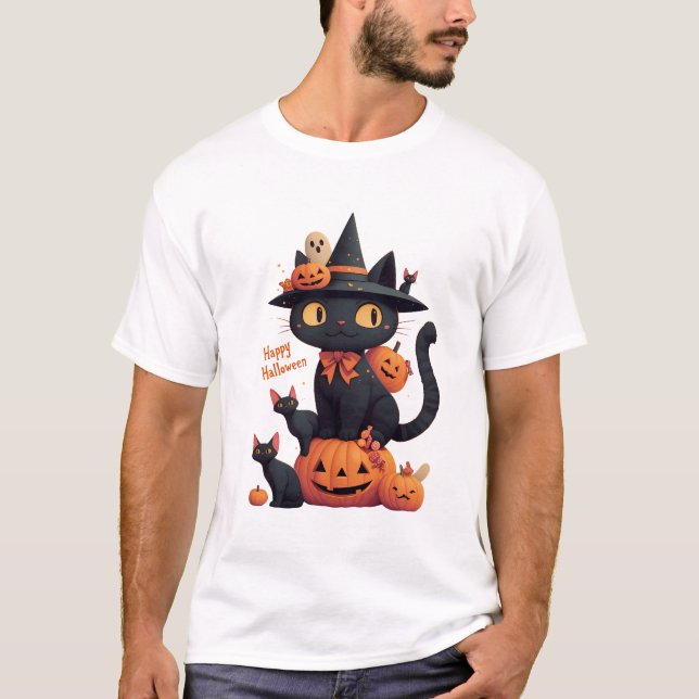 T-shirt Happy Meoween Cats Cute Halloween  (Devant)