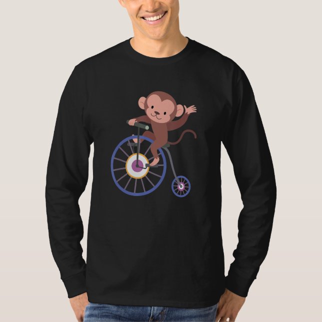 T-shirt Happy Monkey Riding Bicycle and Waving Hand Cute A (Devant)