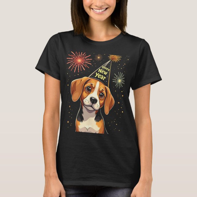 T-shirt Happy New Year 2025 Eve Firework Dog Funny Beagle  (Devant)