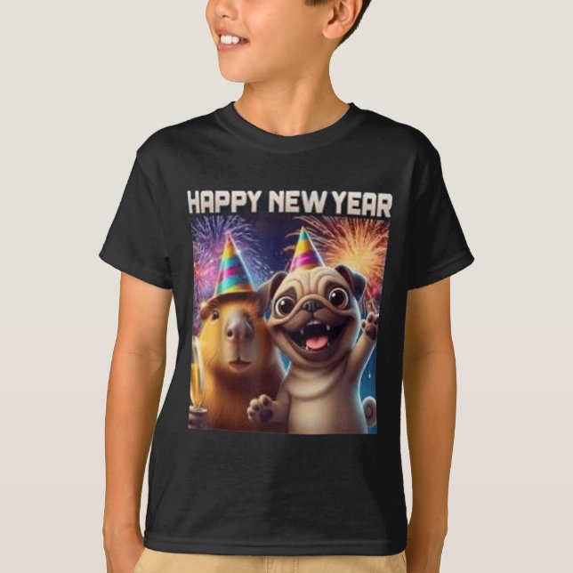 T-shirt Happy New Year 2026 Capybara Pug Party Art  (Devant)