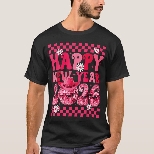 T-shirt Happy New Year 2026 Cowgirl Cowboy Disco Ball Girl (Devant)