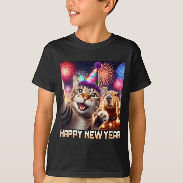 T-shirt Happy New Year 2026 Cute Cat Capybara Party Art  (Devant)
