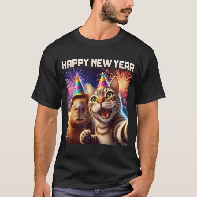 T-shirt Happy New Year 2026 Cute Cat Capybara Party Art  (Devant)