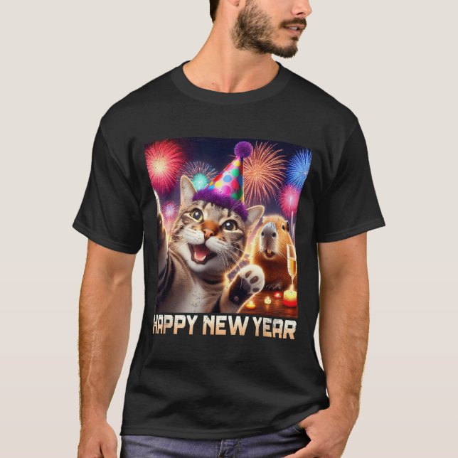 T-shirt Happy New Year 2026 Cute Cat Capybara Party Art  (Devant)