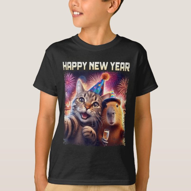 T-shirt Happy New Year 2026 Cute Cat Capybara Party Art  (Devant)