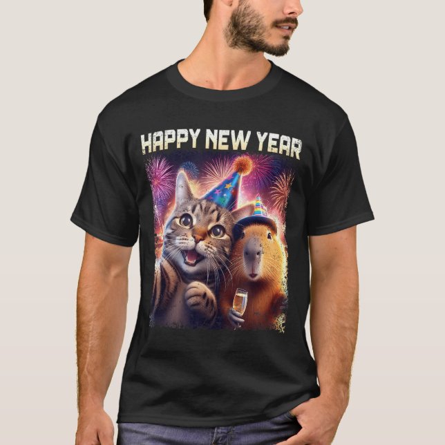 T-shirt Happy New Year 2026 Cute Cat Capybara Party Art  (Devant)