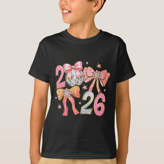 T-shirt Happy New Year 2026 Disco Ball Coquette Bow New Ye (Devant)