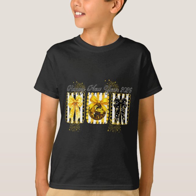 T-shirt Happy New Year 2026 Disco Ball Gold Coquette Bow F (Devant)