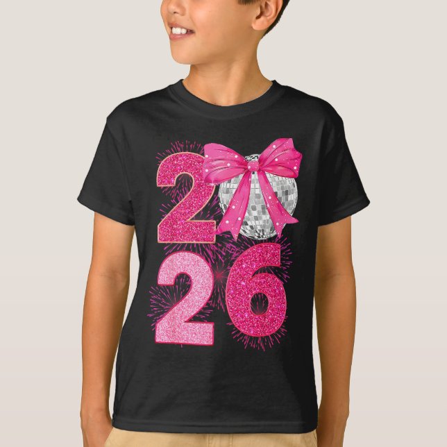 T-shirt Happy New Year 2026 Disco Ball Nk Coquette Bow Fam (Devant)