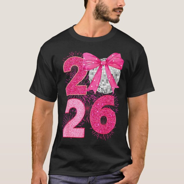T-shirt Happy New Year 2026 Disco Ball Nk Coquette Bow Fam (Devant)