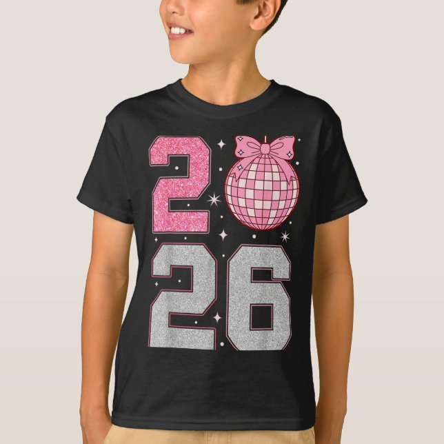 T-shirt Happy New Year 2026 Disco Ball Nk Coquette Bow Fam (Devant)