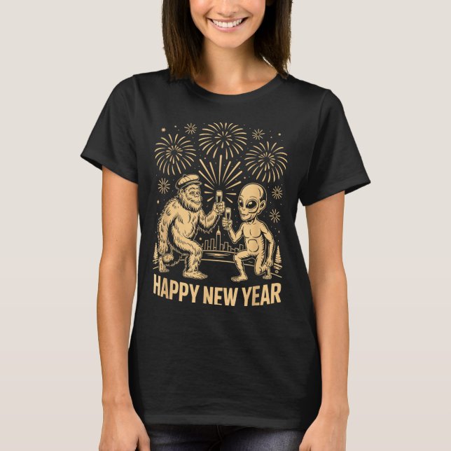 T-shirt Happy New Year 2026 Funny Bigfoot And Alien Lovers (Devant)