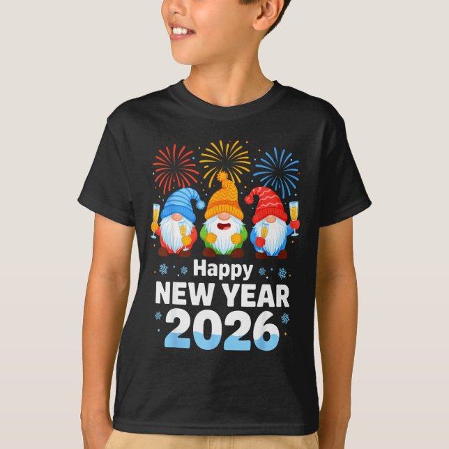 T-shirt Happy New Year 2026 Gnome With Fireworks And Champ (Devant)