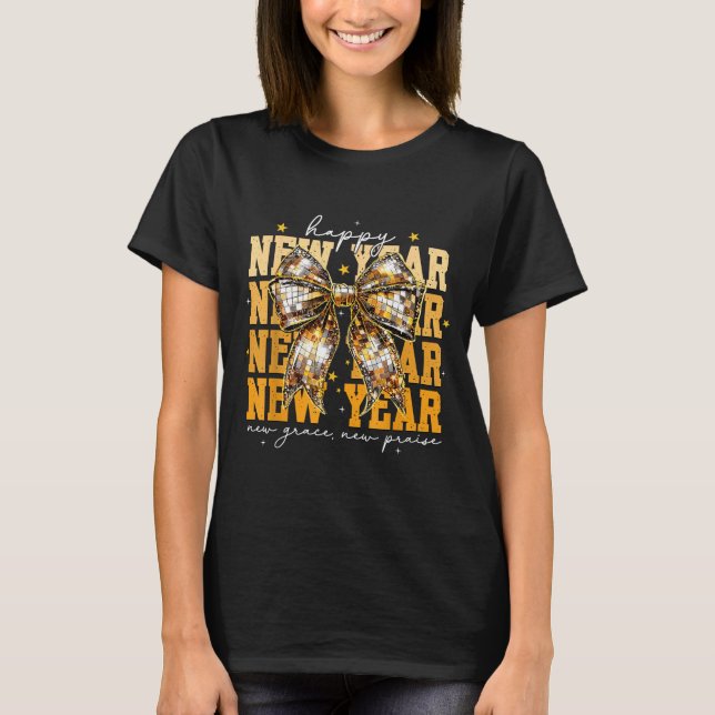 T-shirt Happy New Year 2026 Gold Coquette Bow Disco Ball C (Devant)