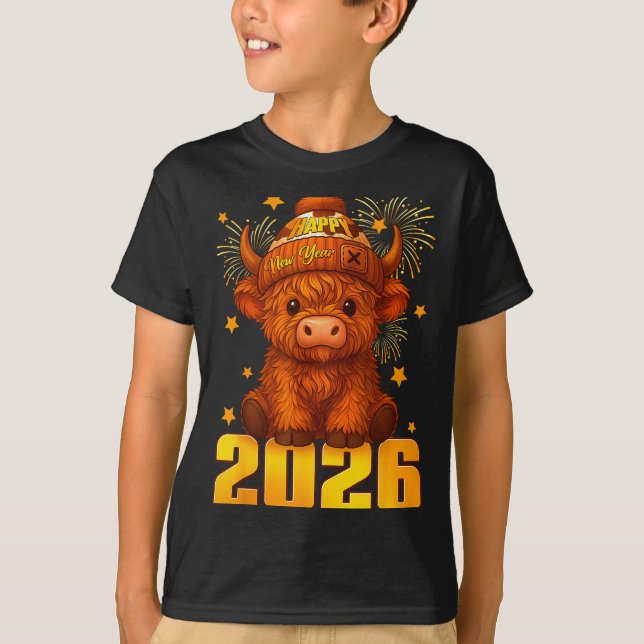 T-shirt Happy New Year 2026 Highland Cow &amp; Party Hat N (Devant)