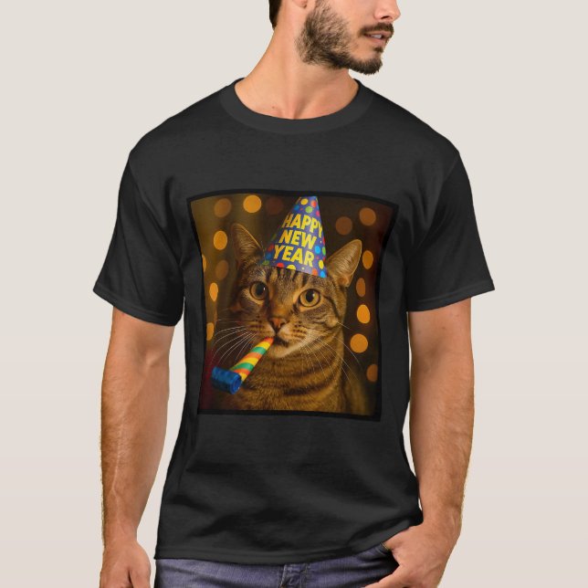T-shirt Happy New Year Cat Funny Party Hat Feline Meme Cel (Devant)