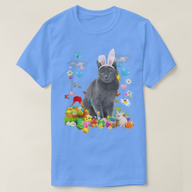 T-shirt Happy Pâques mignonne lapin Chat Oeufs Bleus Russe (Design devant)