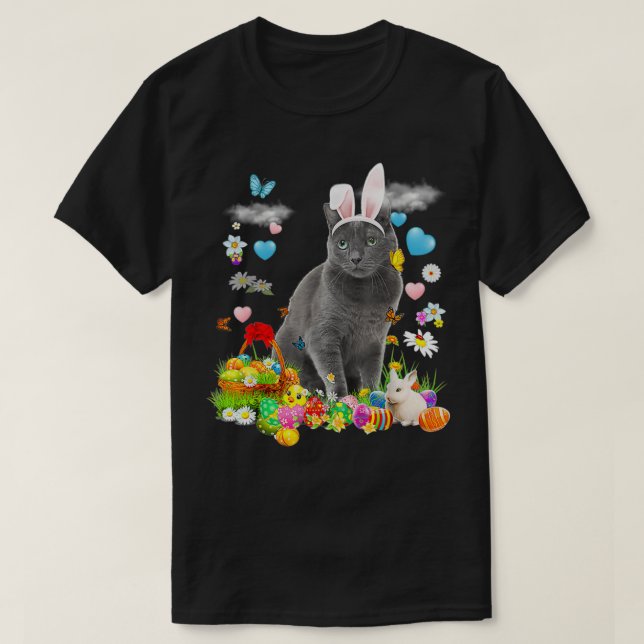 T-shirt Happy Pâques mignonne lapin Chat Oeufs Bleus Russe (Design devant)