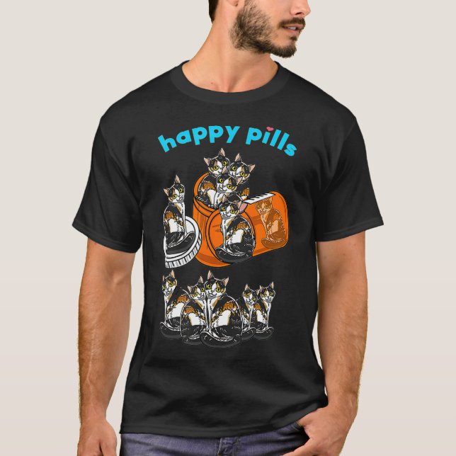 T-shirt Happy Pills Calico Cute Tortoiseshell Feline Cat (Devant)