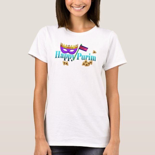 T-shirt Happy Purim avec Masque, Gragger et Hamentaschen (Devant)