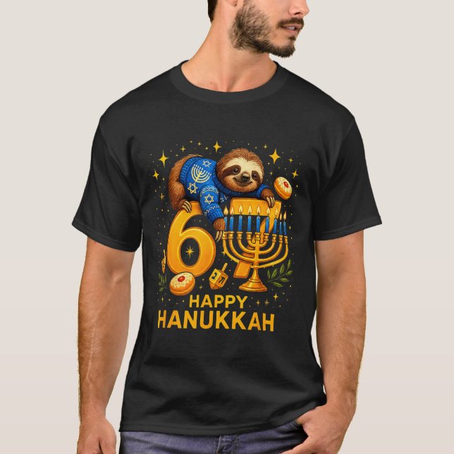 T-shirt Happy Six Seven Hanukkah Funny Meme Menorah Sloth  (Devant)