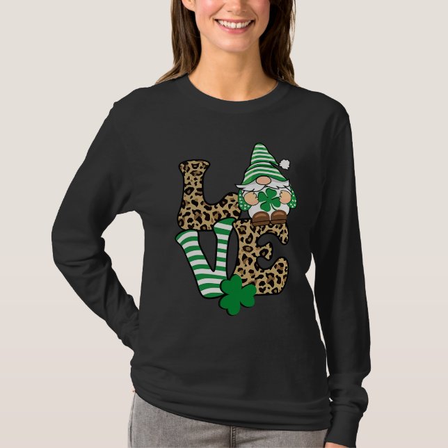 T-shirt Happy St Patricks Day  Gnome Graphic LOVE Leopard  (Devant)