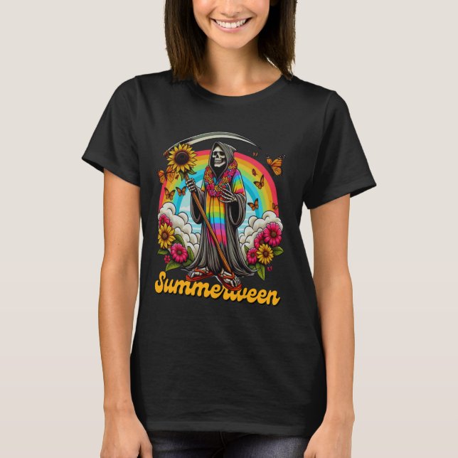T-shirt Happy Summerween Grim Reaper Rainbow Summer Hallow (Devant)