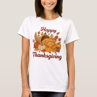 T-shirt Happy Thanksgiving Design — Fall Leaves, Pumpkins