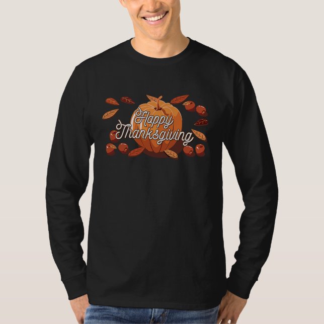 T-shirt Happy Thanksgiving Pumpkin With Autumn Leaves (Devant)