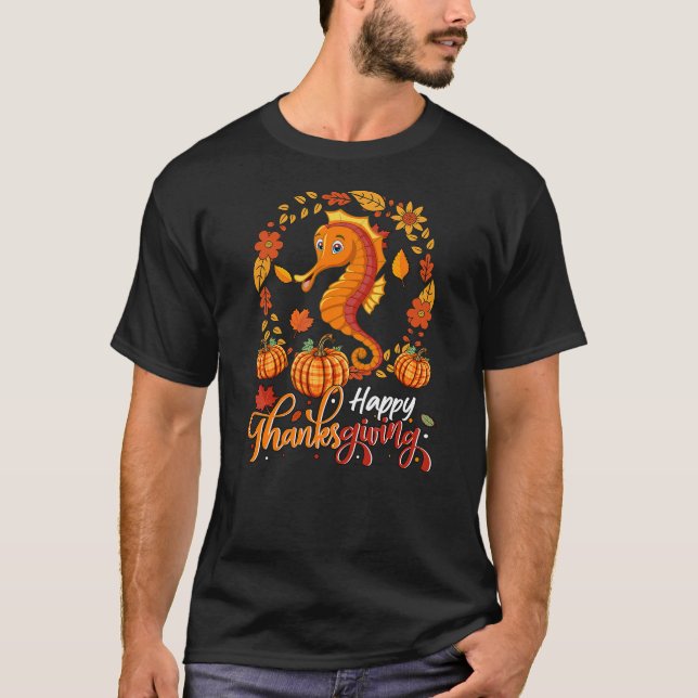 T-shirt Happy Thanksgiving Seahorse In Leaves Pumpkins Flo (Devant)