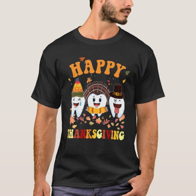 T-shirt Happy Thanksgiving Teeth Dental Turkey Retro Vinta (Devant)