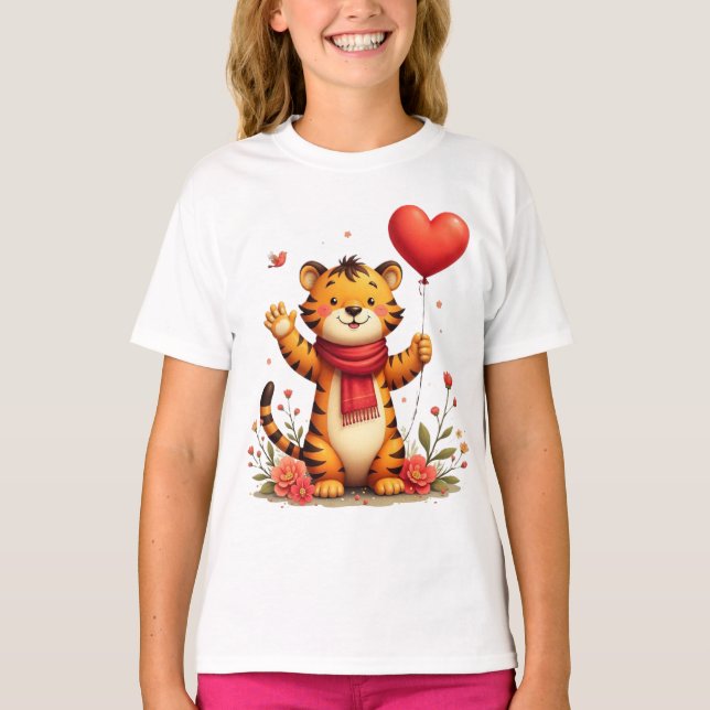 T-shirt Happy Tiger Holding A Heart Balloon (Devant)