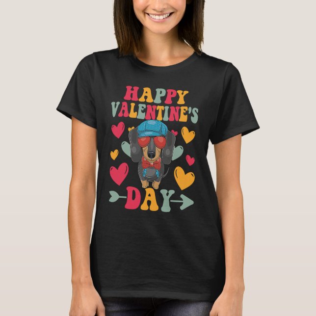 T-shirt Happy Valentines Day Dachshund Heart Love Groovy (Devant)